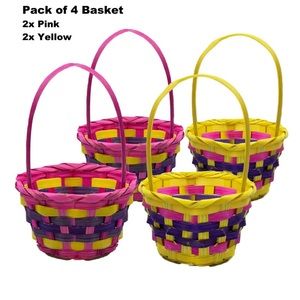 4 pc Colorful Round Woven Bamboo Baskets - 2 Pink and 2 Yellow